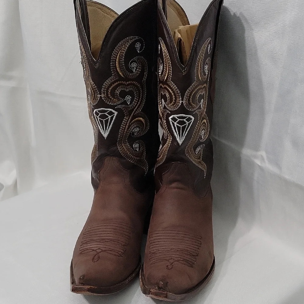 White Diamonds Brown Western Cowboy Boots with Embroidery Size 10.5
